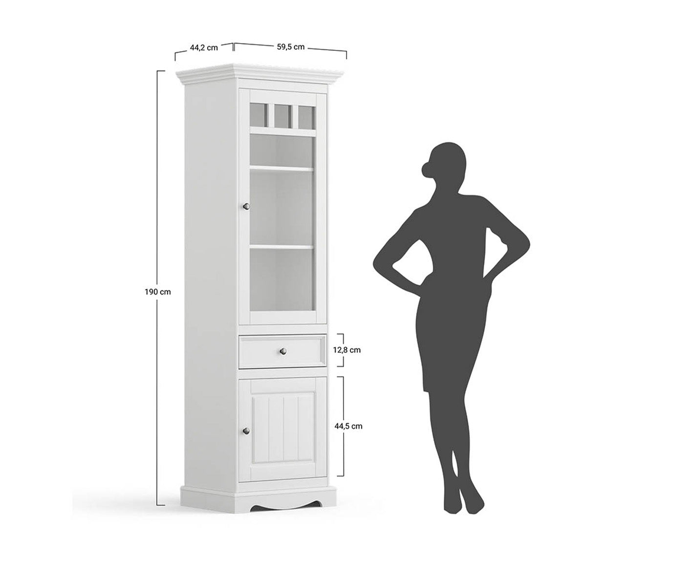 Belluno Elegante Vitrine schmal 60x190 cm Massivholz