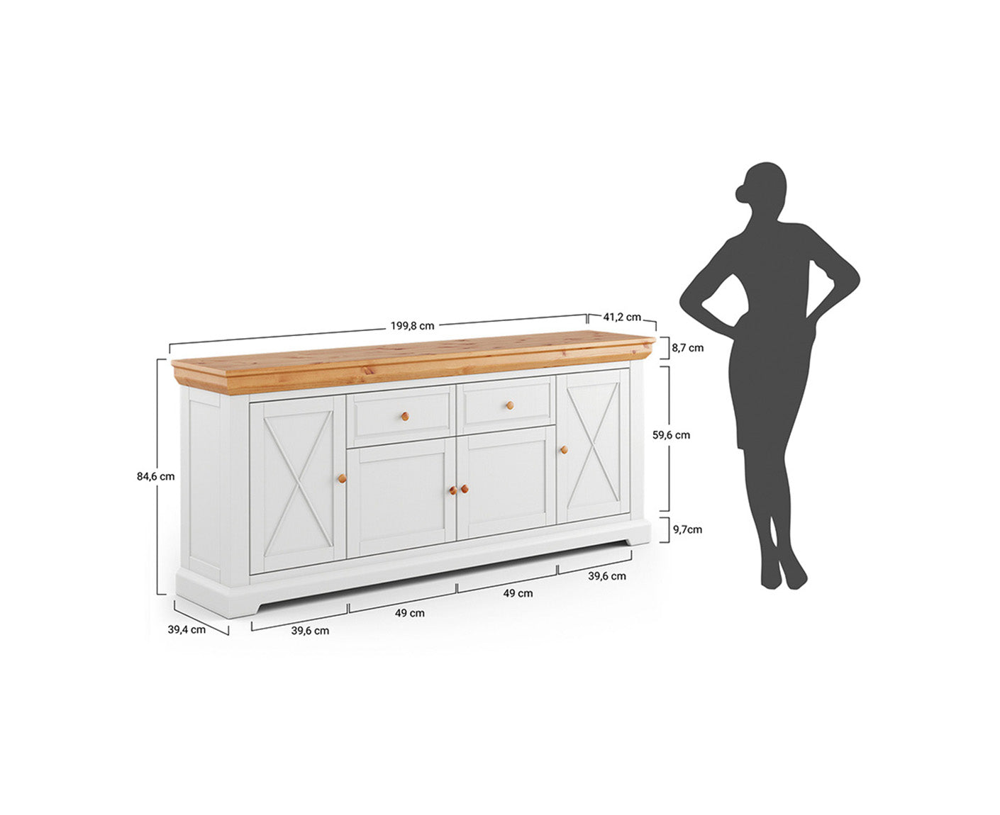 Marone Elite Sideboard 4-türig Massivholz Weiß / Grau