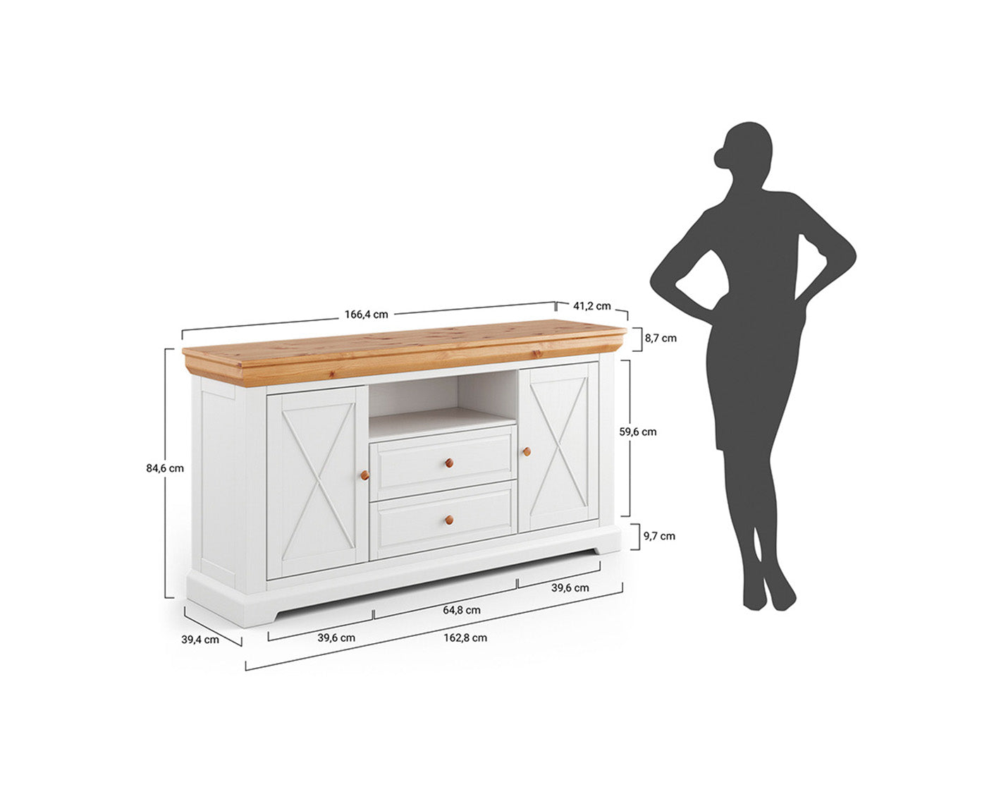 Marone Elite Sideboard 2-türig Massivholz Weiß / Grau