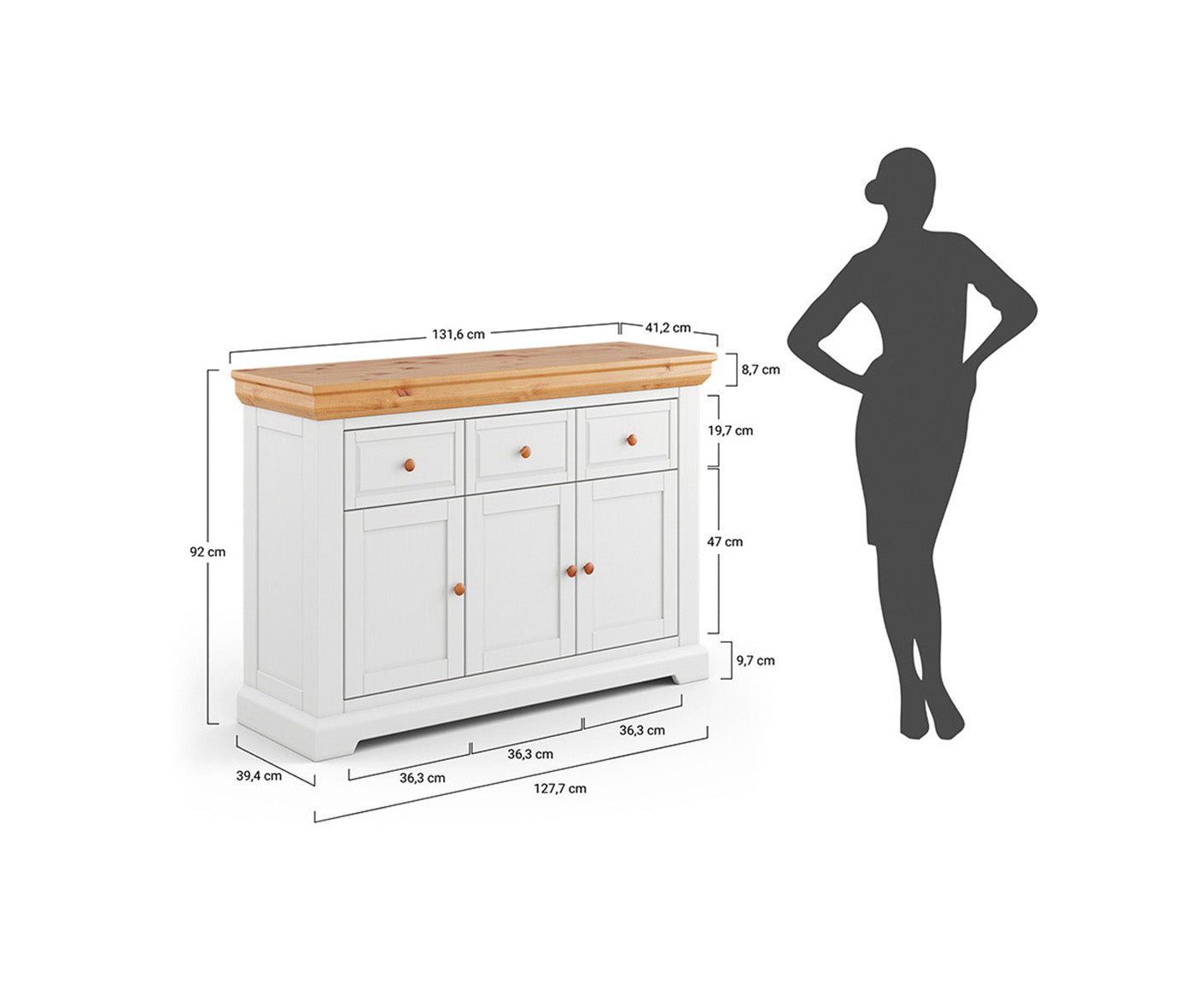 Marone Elite Sideboard 3-türig Massivholz Weiß / Grau