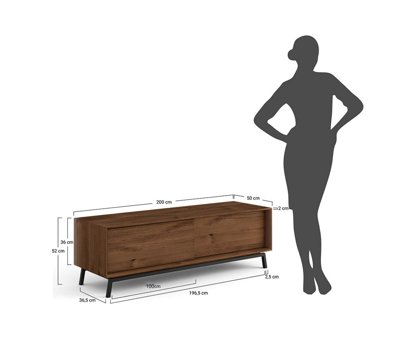Modern Loft TV-Lowboard 200 cm mit Schublade Massivholz Eiche, geölt