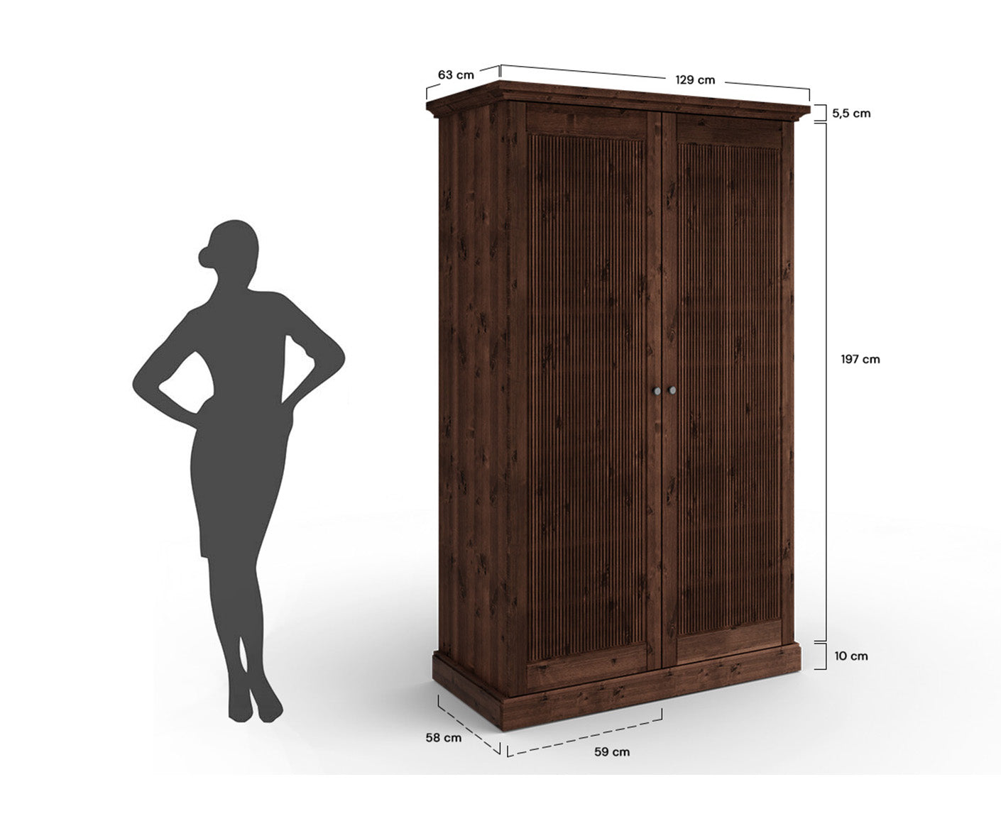 Rosella Kleiderschrank 2-Türig Massivholz Tabacco / Altsilber