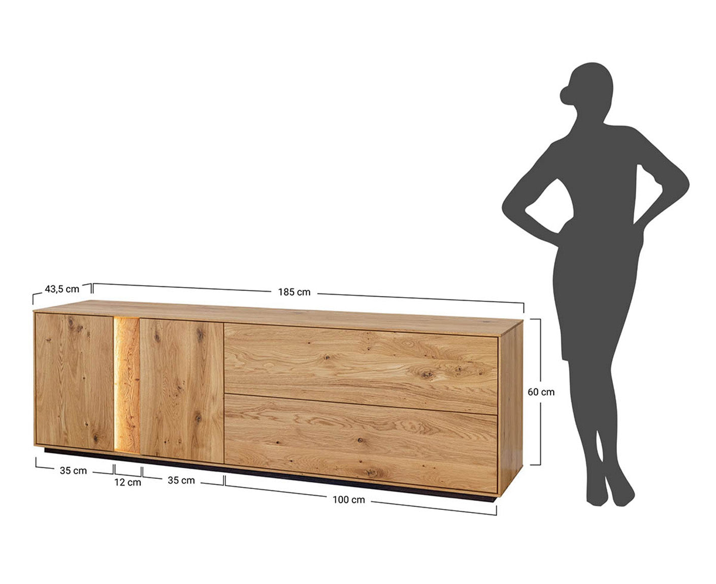 Collodi Lowboard Massivholz Wildeiche / Tabak geölt, fertig montiert