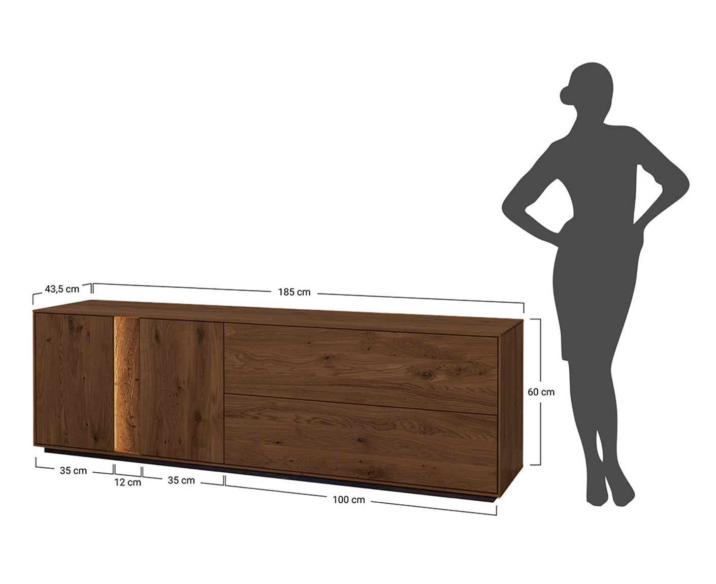 Collodi Lowboard Massivholz Wildeiche / Tabak geölt, fertig montiert