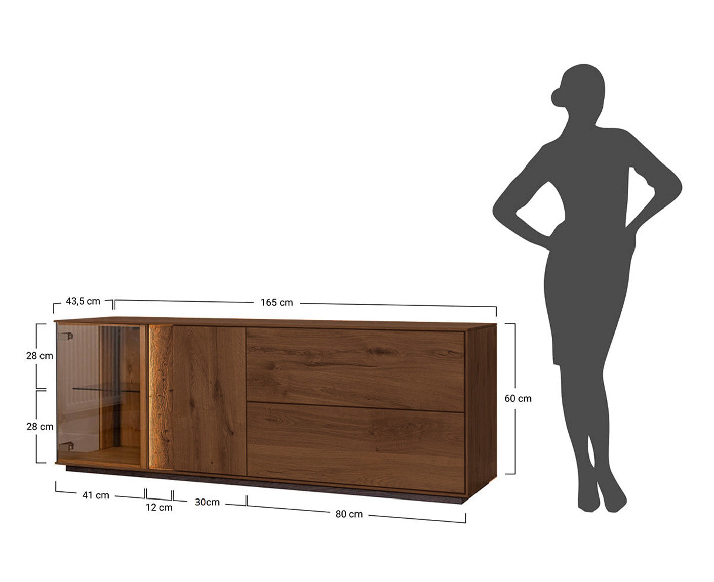 Collodi Lowboard Massivholz Wildeiche / Tabak geölt-Glas getönt, fertig montiert
