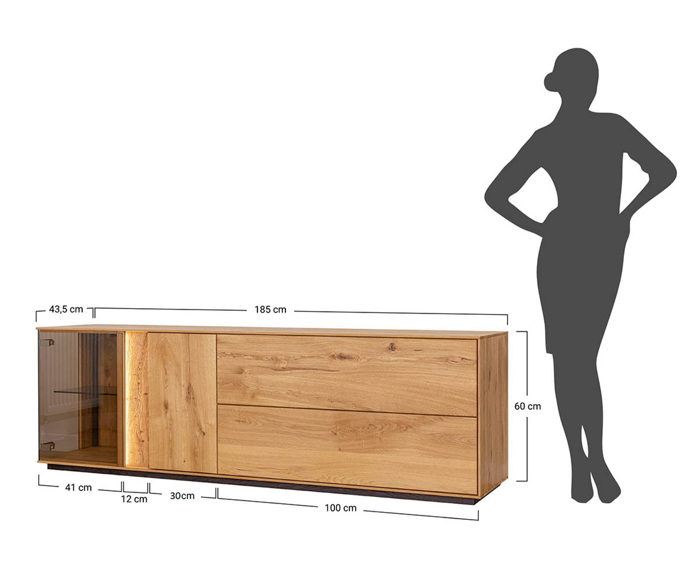 Collodi Lowboard Massivholz Wildeiche / Tabak geölt-Glas getönt, fertig montiert