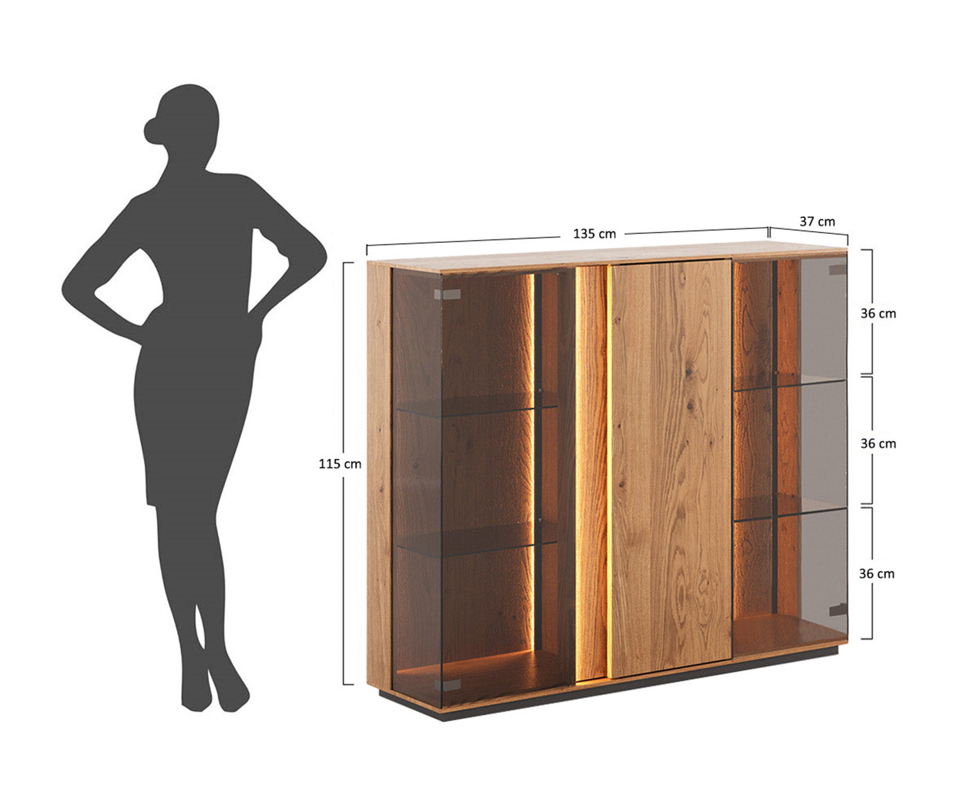 Collodi Sideboard 3-türig Massivholz Wildeiche / Tabak geölt-Glas getönt, fertig montiert