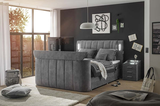 Dallas Boxspringbett 180x200 cm , inkl. Motor & motorisierter TV-Halterung Grau