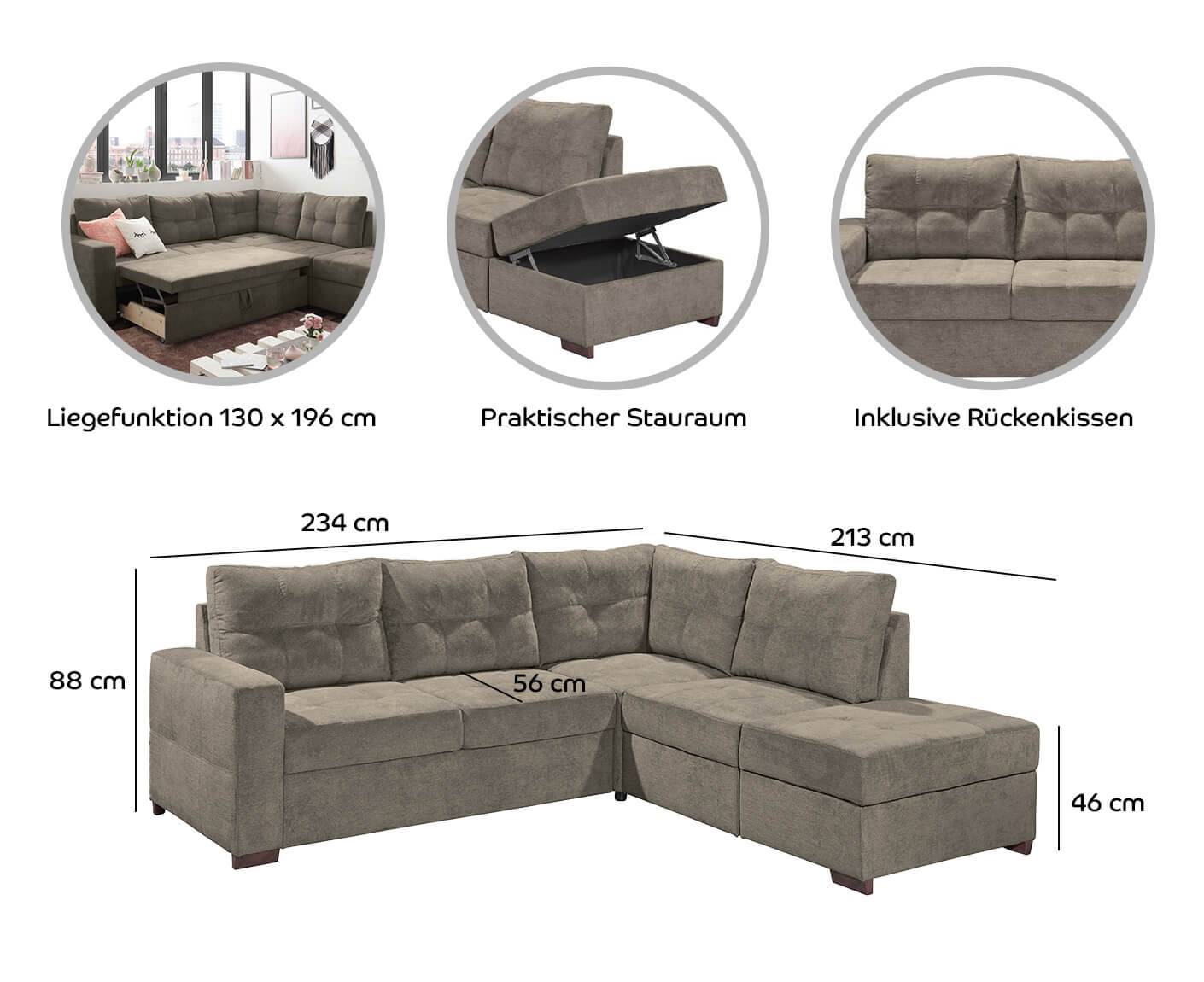 Adone Ecksofa 234 x 213 cm, mit Schlaffunktion & Bettkasten - Voelpe