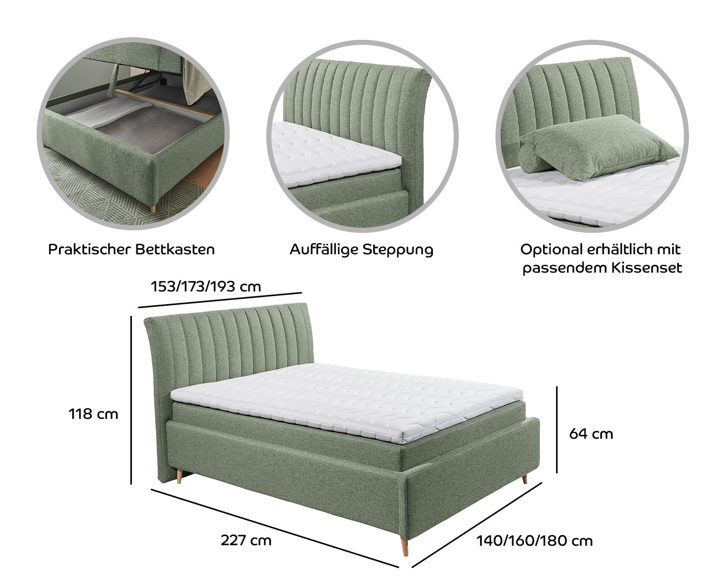 Akron Boxbett / Polsterbett Doppelbett mit Bettkasten 160x200 - 180x200 cm