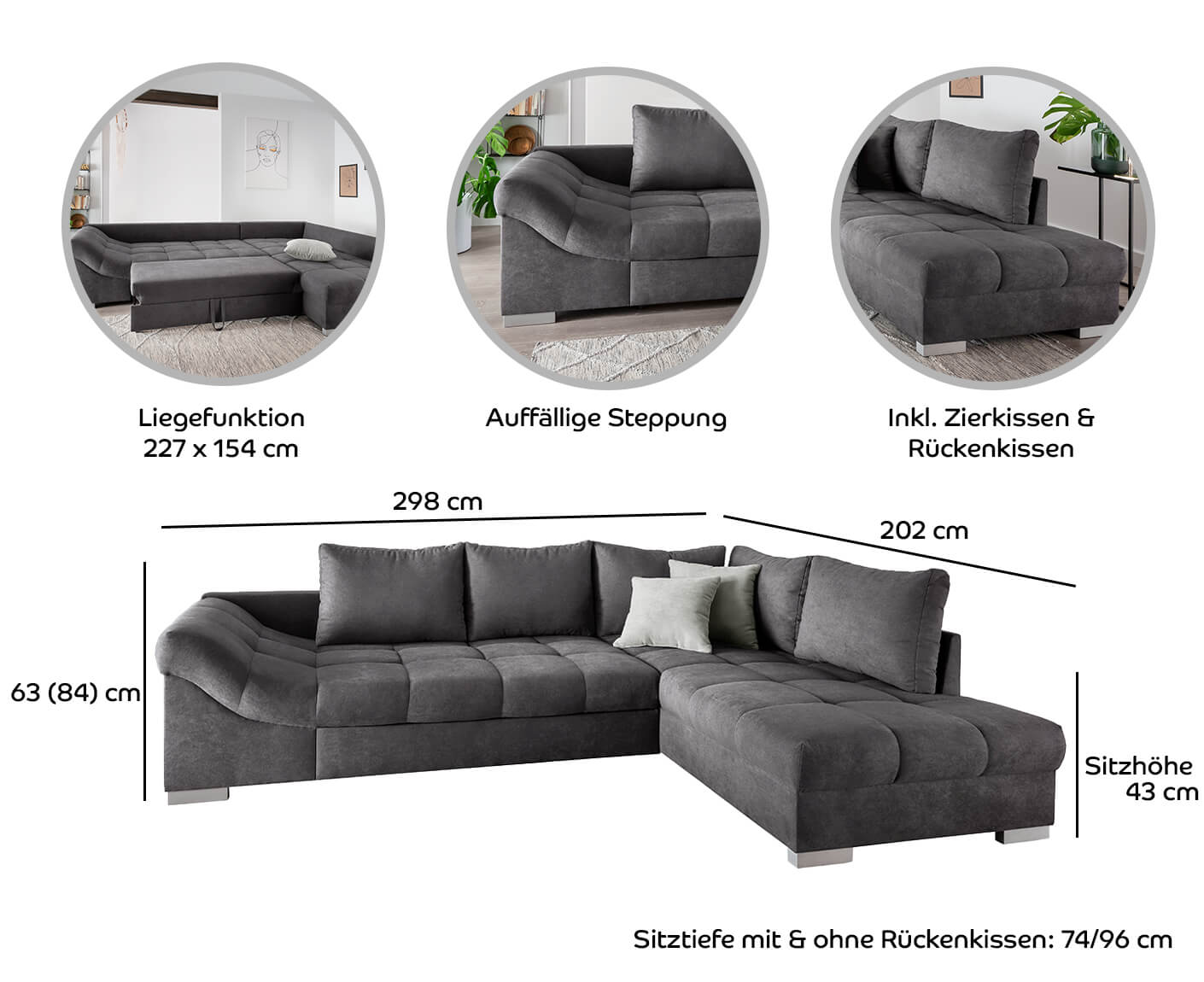 Altamura Ecksofa 298 x 202 cm, mit ausziehbarer Liegefläche, Tessuto
