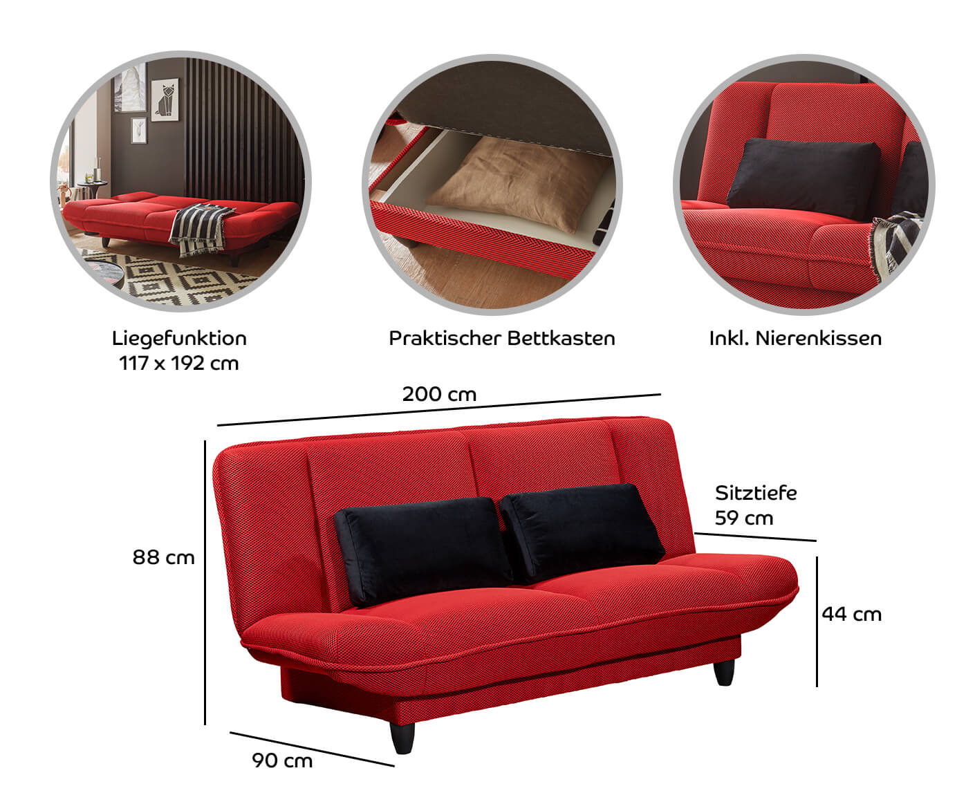 Amalia Schlafsofa 200 x 90 cm, mit Bettkasten