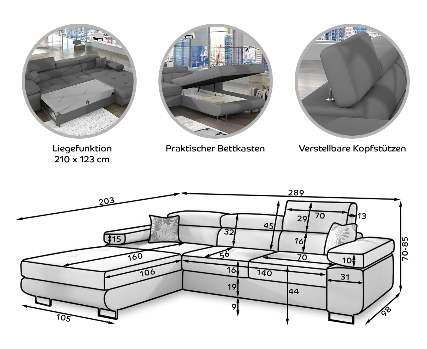 Armando Ecksofa 280 x 205 cm Grau (Kunstleder)