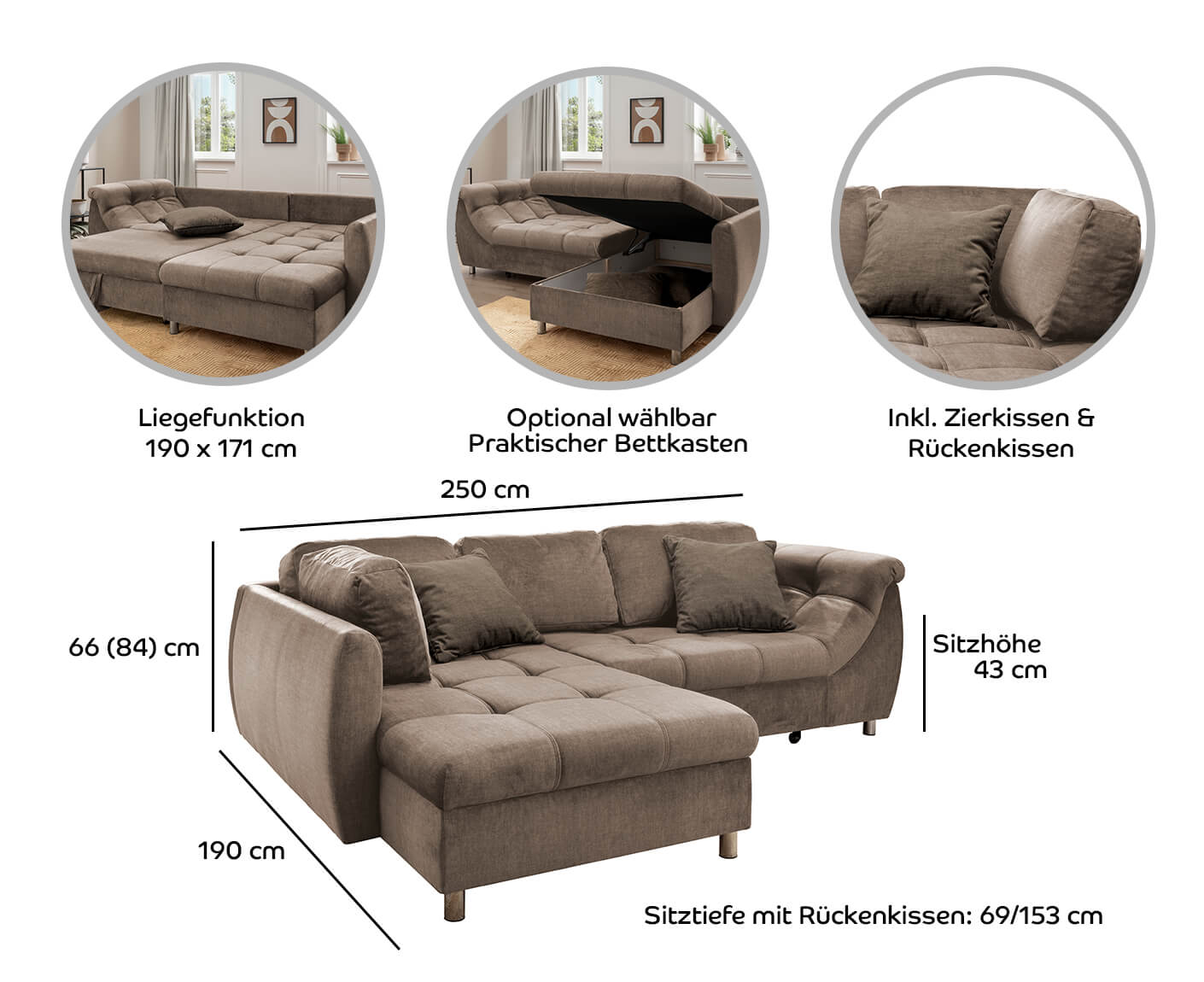Avellino Ecksofa 250 x 190 cm, mit ausziehbarer Liegefläche, Cord
