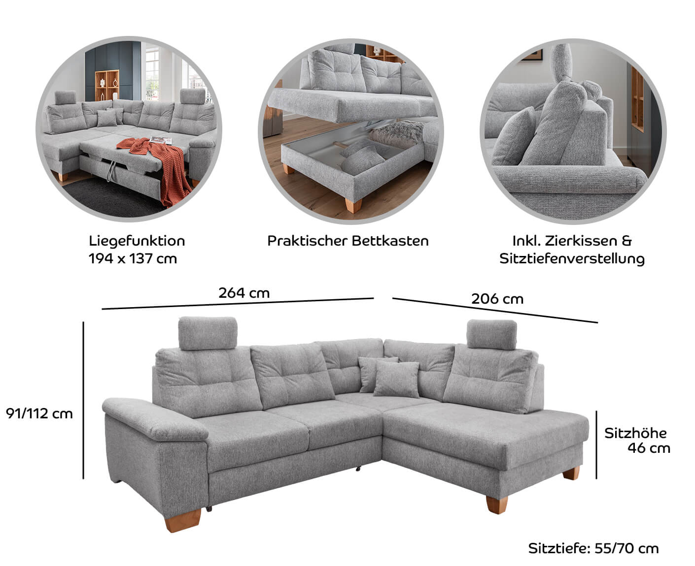 Bergamo Ecksofa 206 x 264 cm, mit Schlaffunktion und Bettkasten, Corto