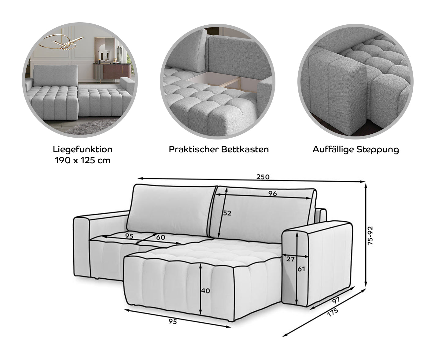 Bonett Ecksofa 250 x 175 cm, Kunstleder