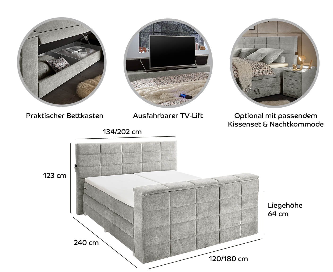 Denver Boxspringbett 120x200cm, inkl. Bettkasten & motorisierte TV-Halterung - Voelpe