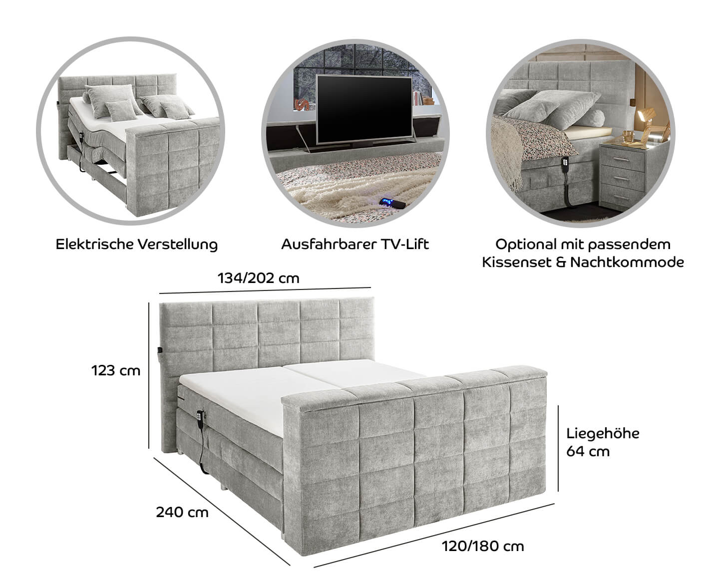Denver Boxspringbett 120x200cm, inkl. Motor & motorisierte TV-Halterung