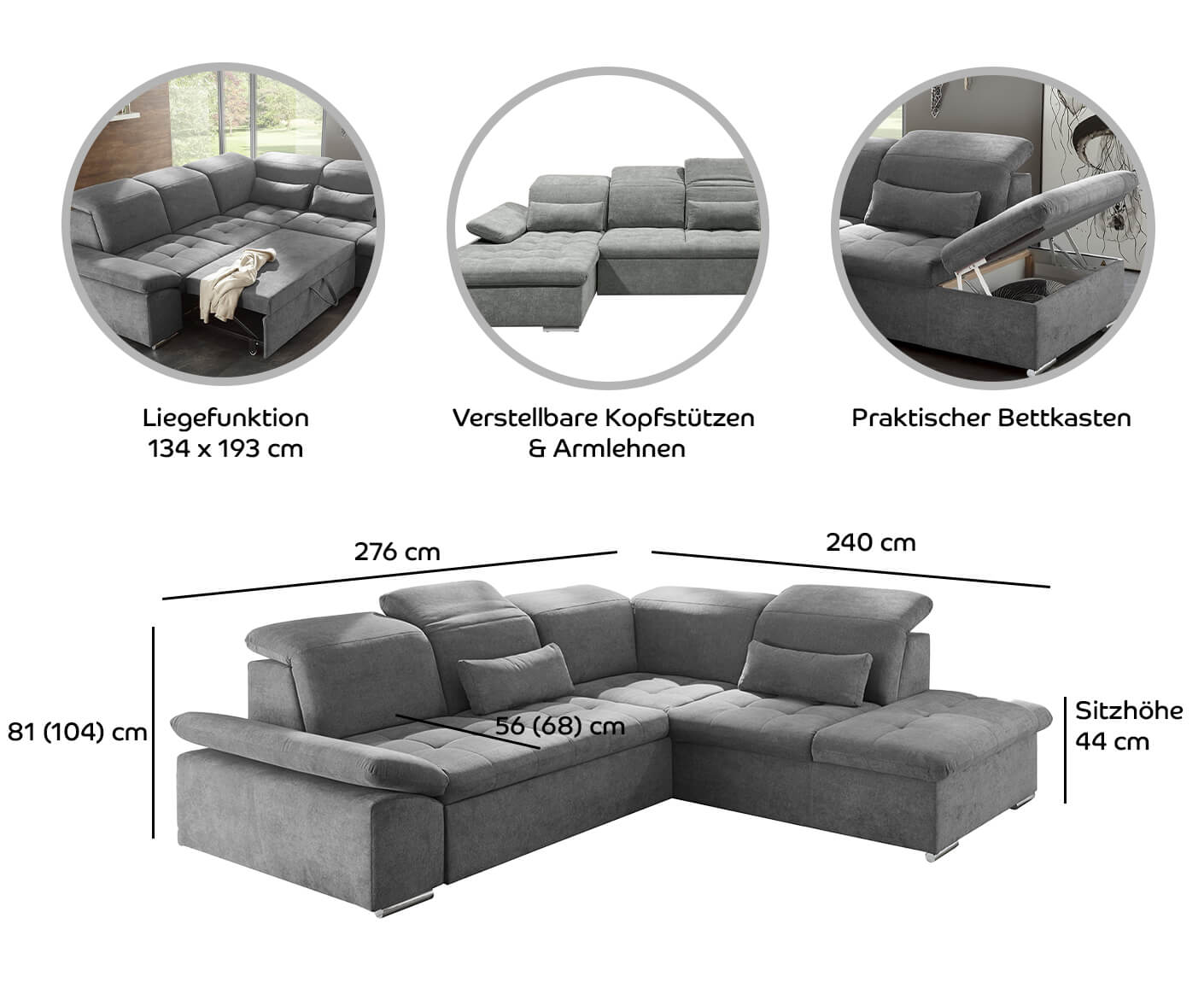 Wayne Ecksofa 276x240 cm, mit Schlaffunktion & Bettkasten - Voelpe