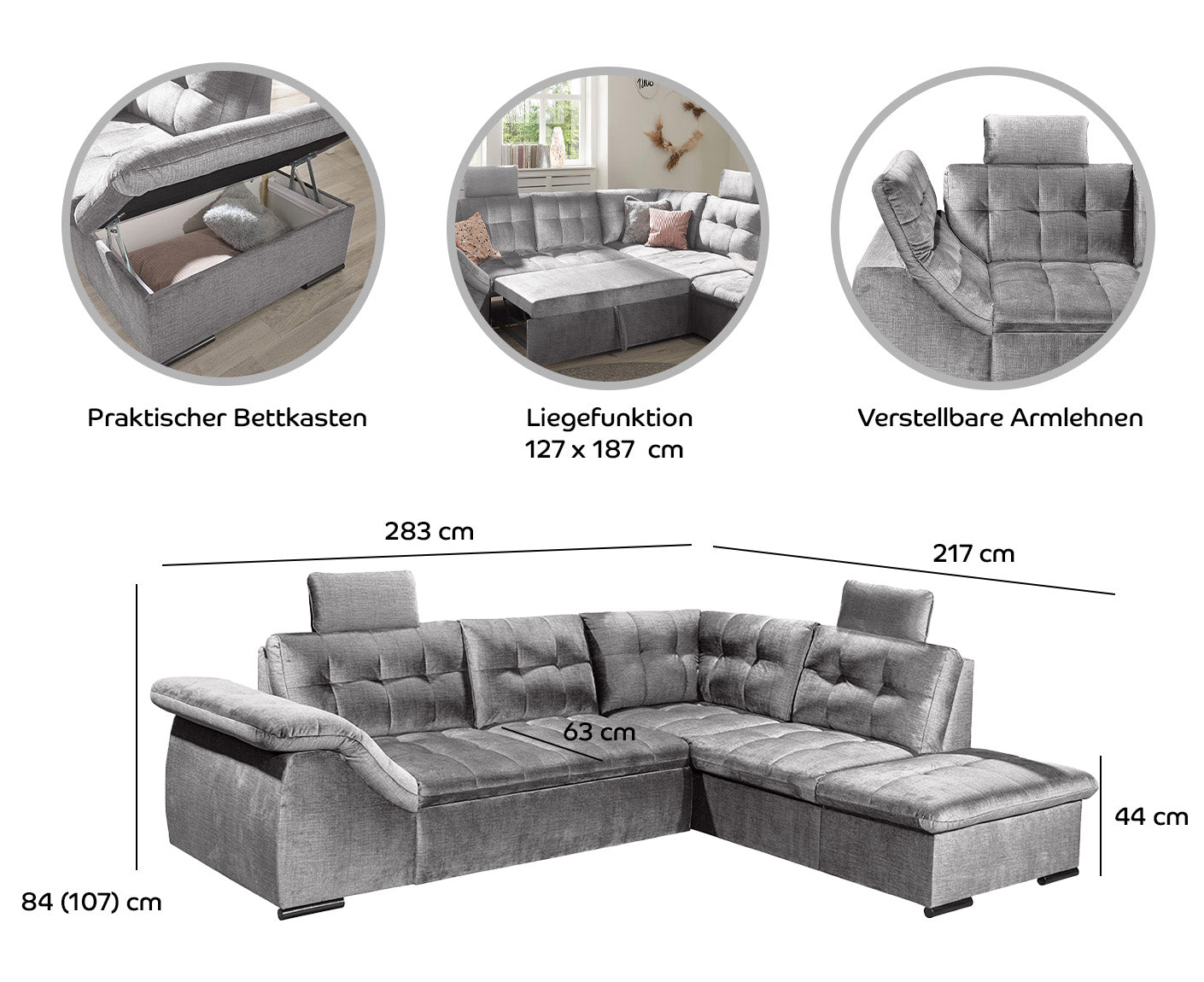 Estrella Ecksofa 283 x 217 cm, mit Schlaffunktion und Bettkasten, Farbe wählbar