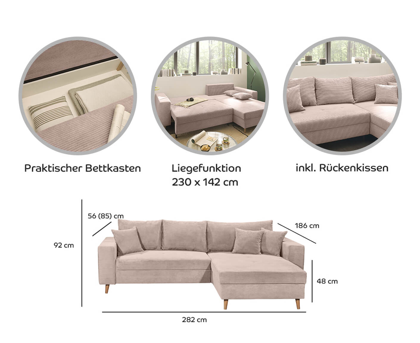 Larina Ecksofa 282 x 186 cm, mit Schlaffunktion & Bettkasten - Voelpe