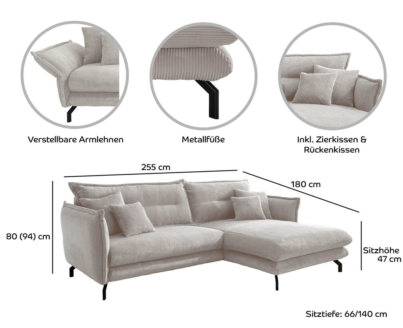 La Spezia Ecksofa 255 x 180 cm, Cord