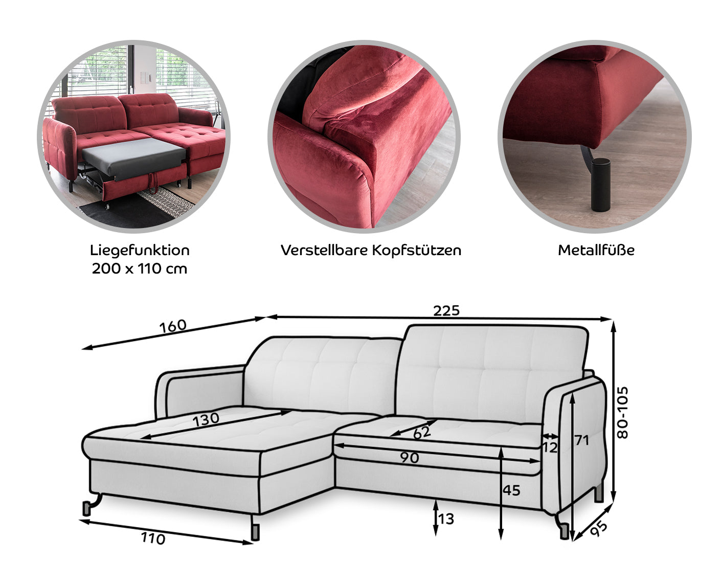 Lorelle Ecksofa 225 x 160 cm, Webstoff