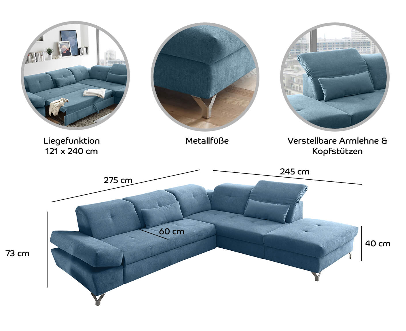 MELFI Ecksofa 275 x 245 cm, mit Schlaffunktion