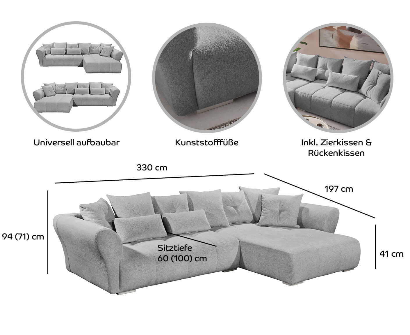 Merone Ecksofa 330 x 197 cm, inkl. Kissen