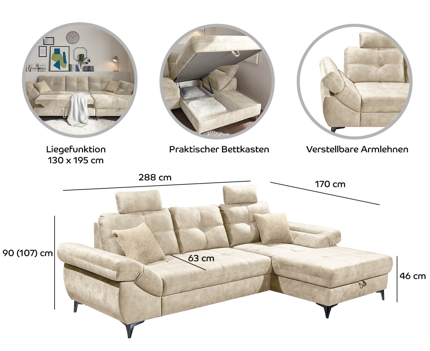 Nevis Ecksofa 288x170 cm, mit Schlaffunktion & Bettkasten - Voelpe