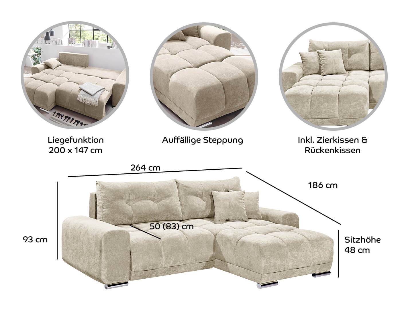 Paco Ecksofa 264x186 cm, mit Schlaffunktion & Bettkasten - Voelpe