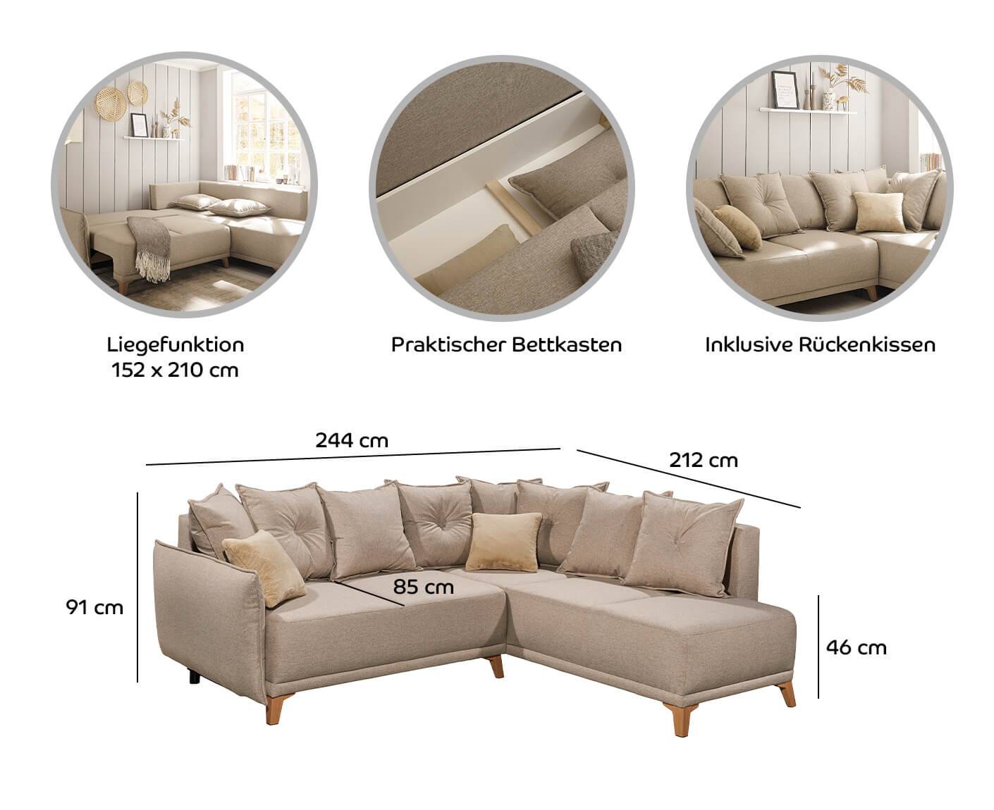 Pamplona Ecksofa 244x212 cm, mit Schlaffunktion & Betkasten - Voelpe