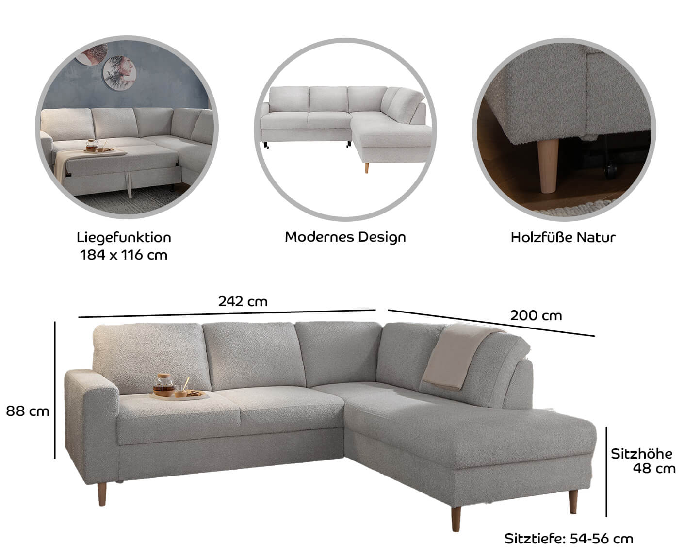 Potenza Ecksofa 242 x 200 cm, mit Schlaffunktion, Divano