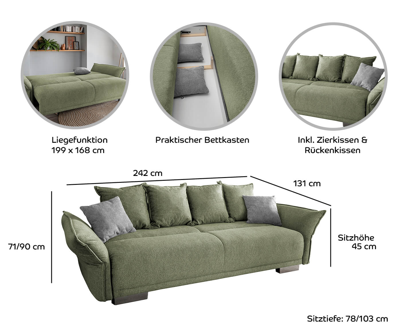 Pomezia Bigsofa 242 x 131 cm, mit Schlaffunktion und Bettkasten, Corto