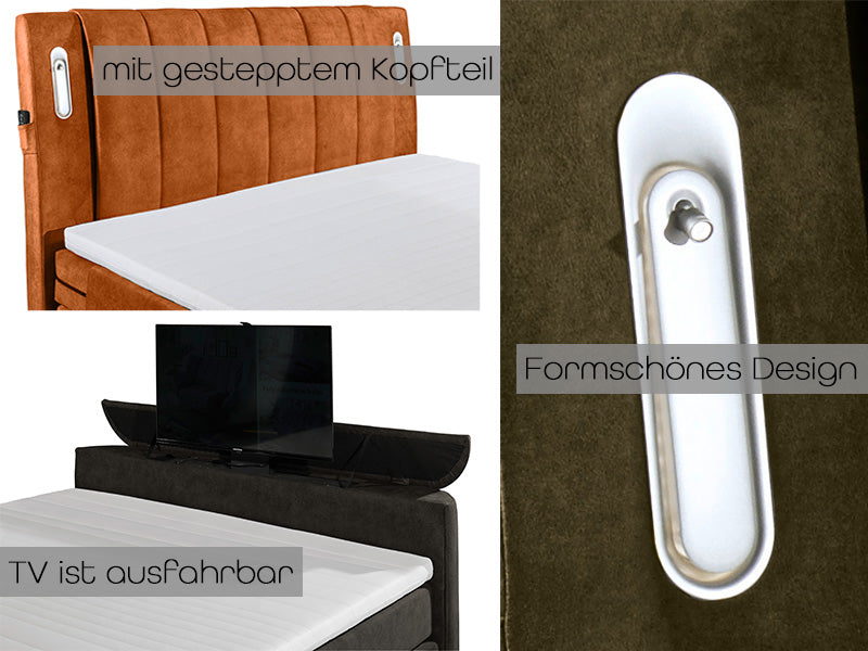 Dallas Boxspringbett 180x200 cm , inkl. Motor & motorisierter TV-Halterung Grau
