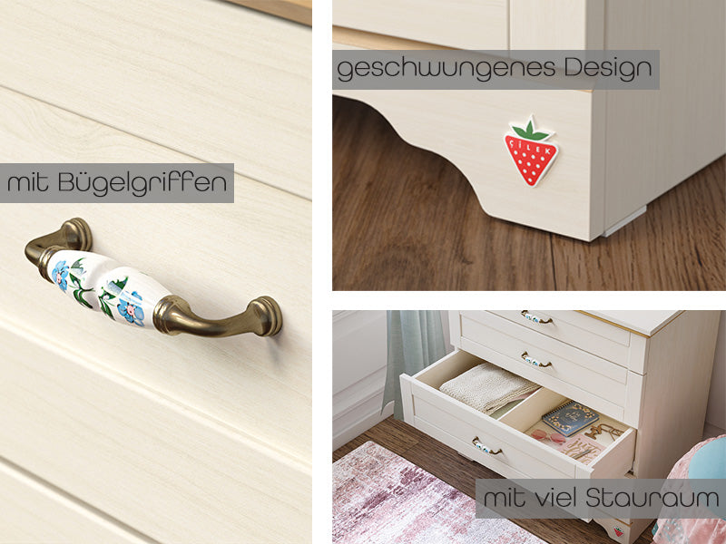 Cilek FLORA Kommode mit Spiegel Anrichte Sideboard Kinderzimmer Birke hell - Voelpe