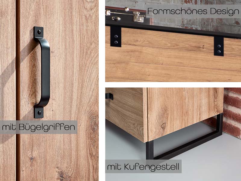 Detroit 4-türiger Kleiderschrank mit Spiegel Plankeneiche / Schwarz