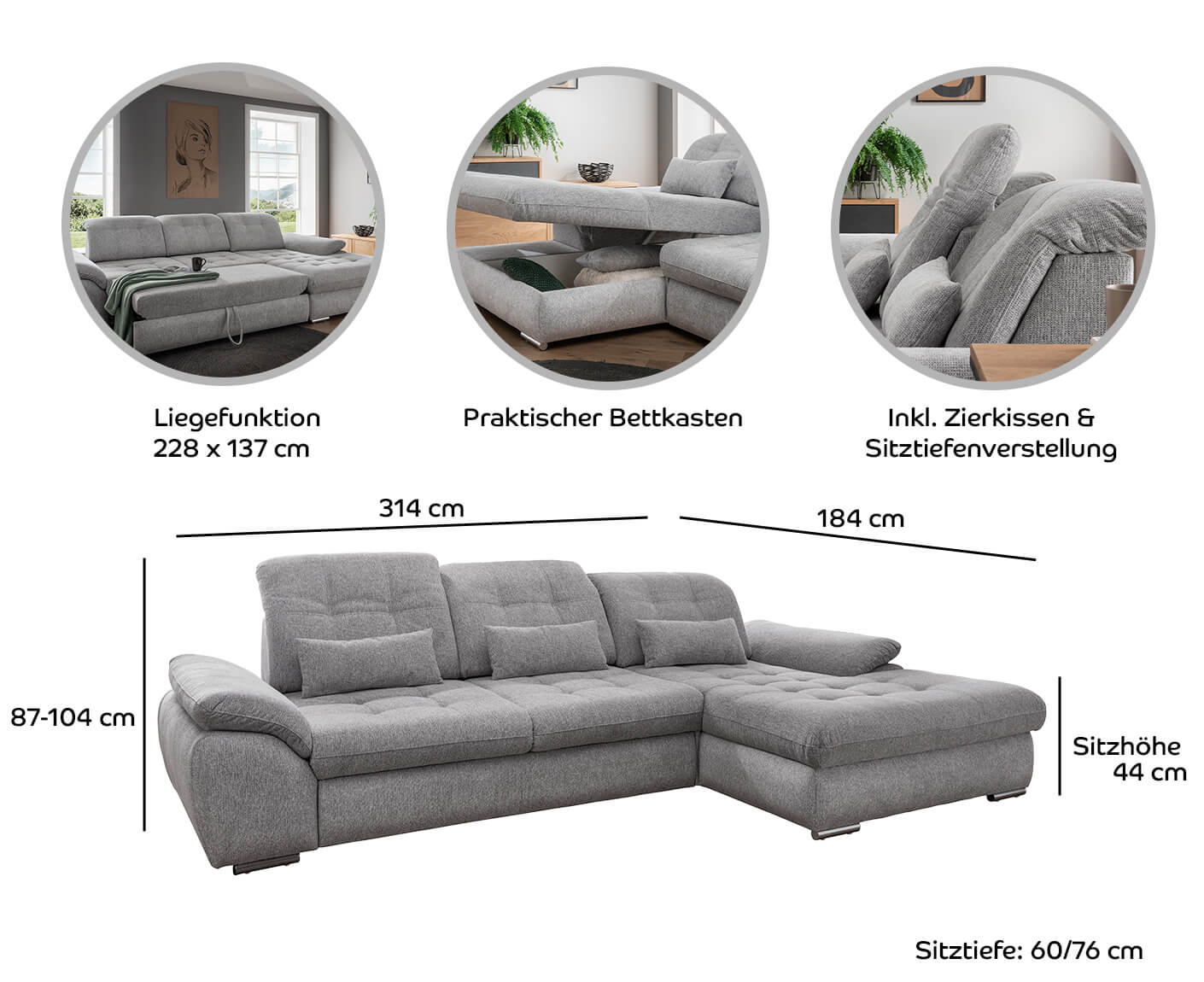 Rovigo Ecksofa 314 x 184 cm, mit Schlaffunktion und Bettkasten, Coroni