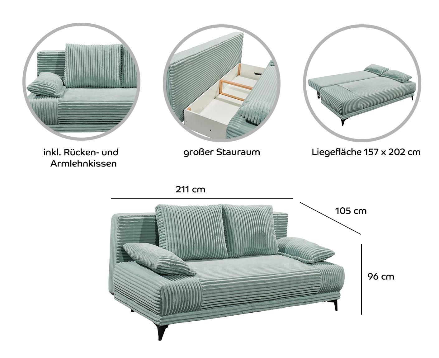 Sally Schlafsofa 211 x 105 cm, mit Bettkasten