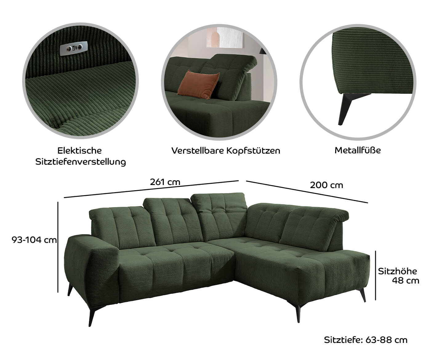 Sassari Ecksofa 261 x 200 cm, mit elektrischem Sitzvorschub, Cord