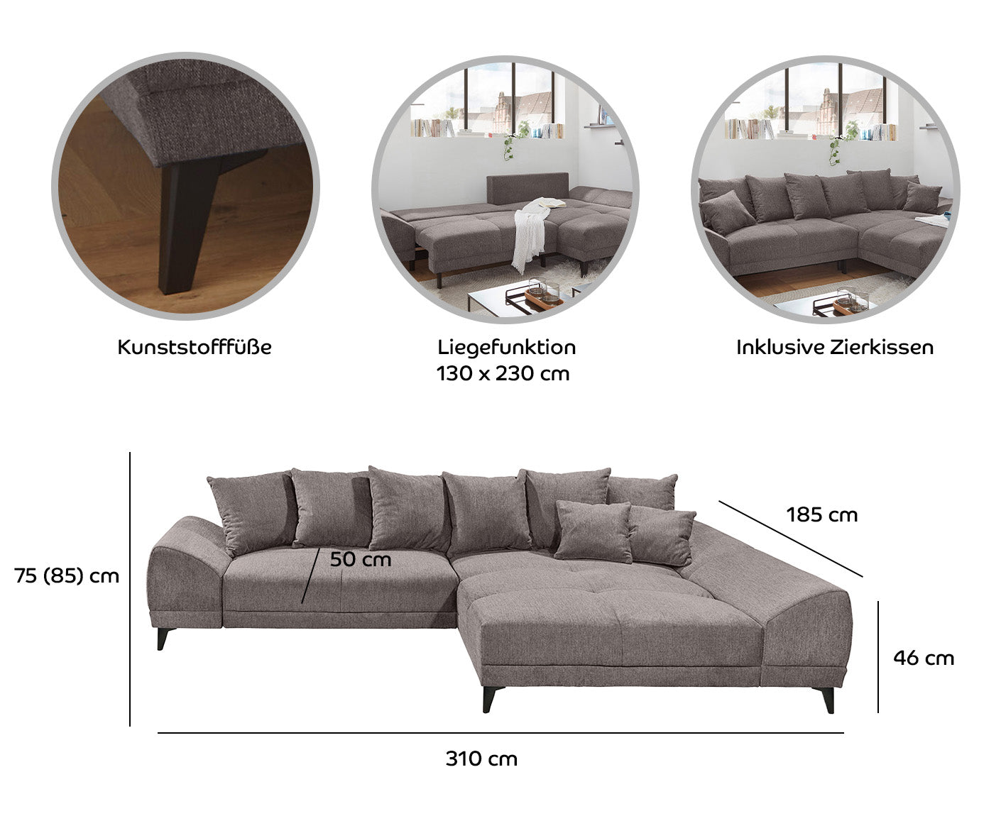 Scott Ecksofa 310 x 185 cm, mit Schlaffunktion und Bettkasten, Farbe wählbar