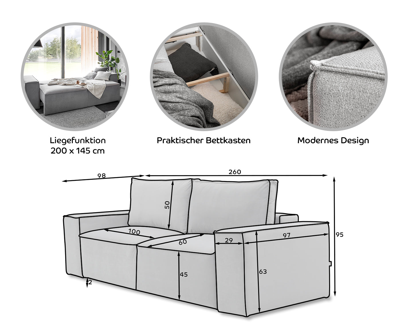 Silla Schlafsofa 260x104 cm, Webstoff