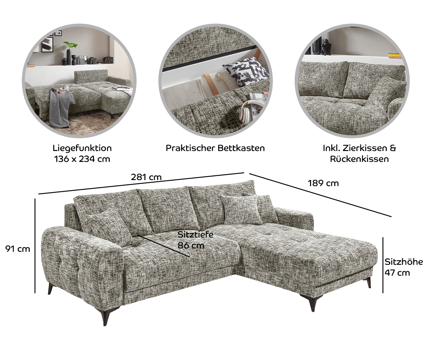 Belluno Ecksofa 281 x 189 cm, mit Schlaffunktion & Bettkasten