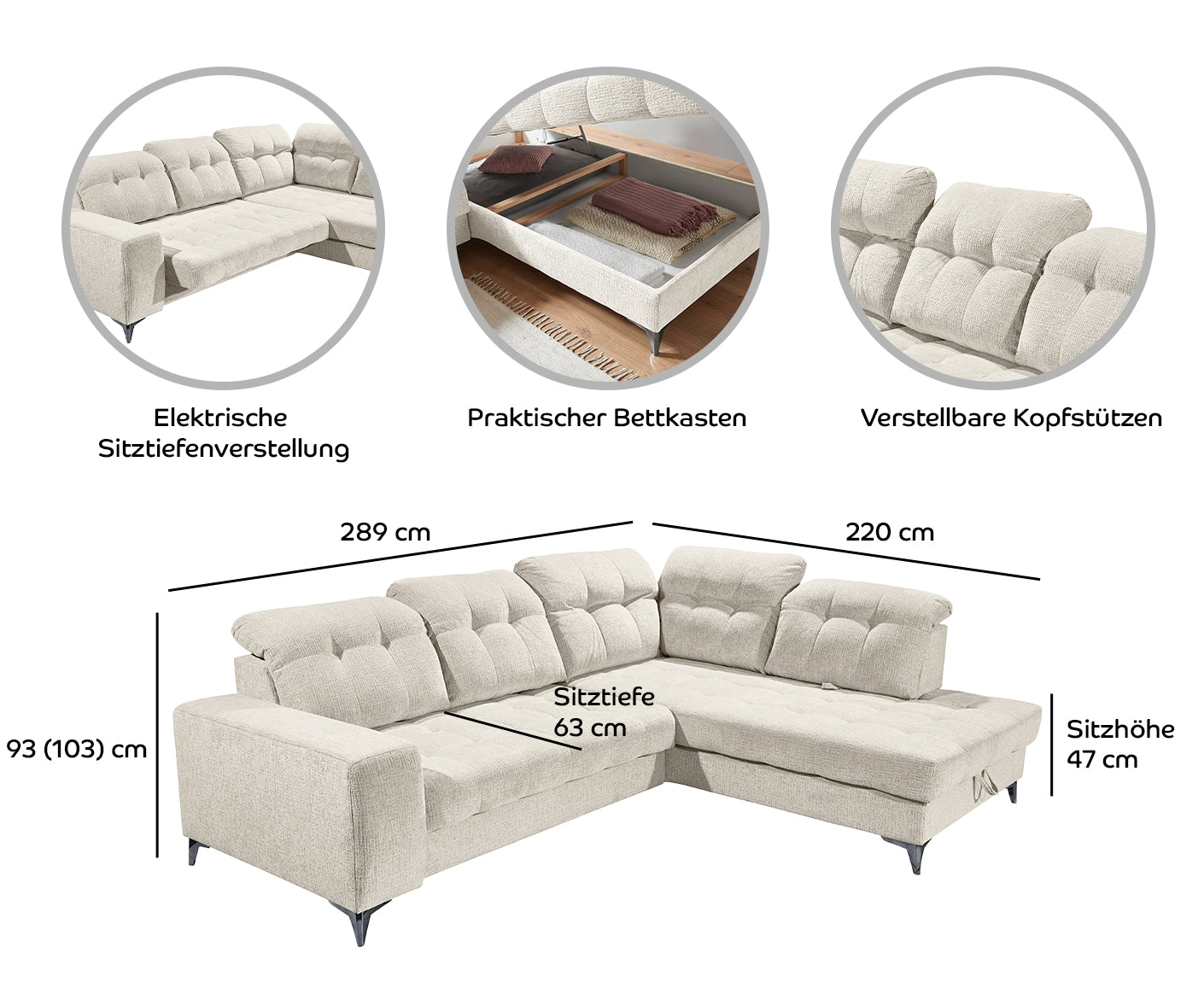 Varadero Ecksofa 289 x 220 cm, mit verstellbaren Kopfstützen & elektrischer Sitztiefenverstellung