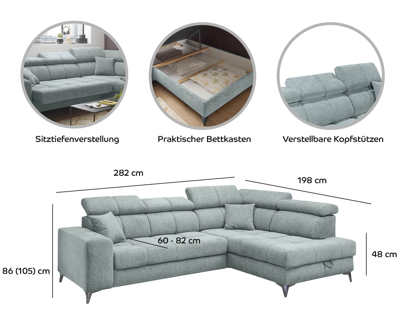 Sydney Ecksofa 282 x 128 cm, mit elektrischer Sitztiefenverstellung & Bettkasten - Voelpe