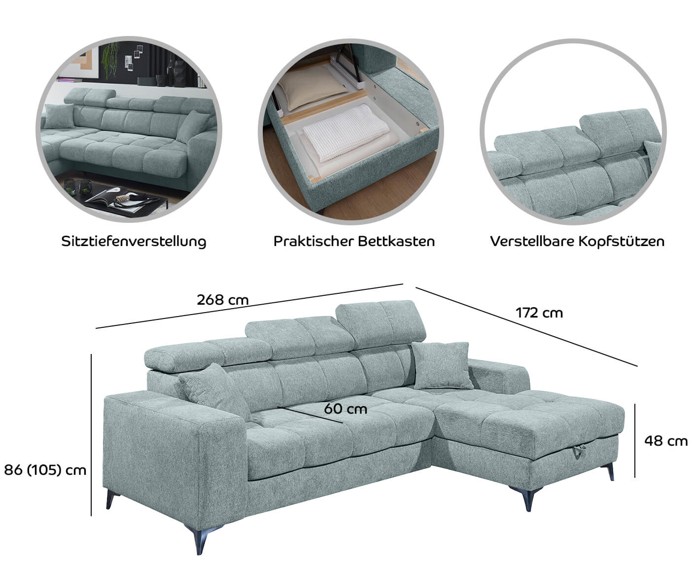 Sydney Ecksofa Longchair 268 x 172 cm, mit elektrischer Sitztiefenverstellung & Bettkasten