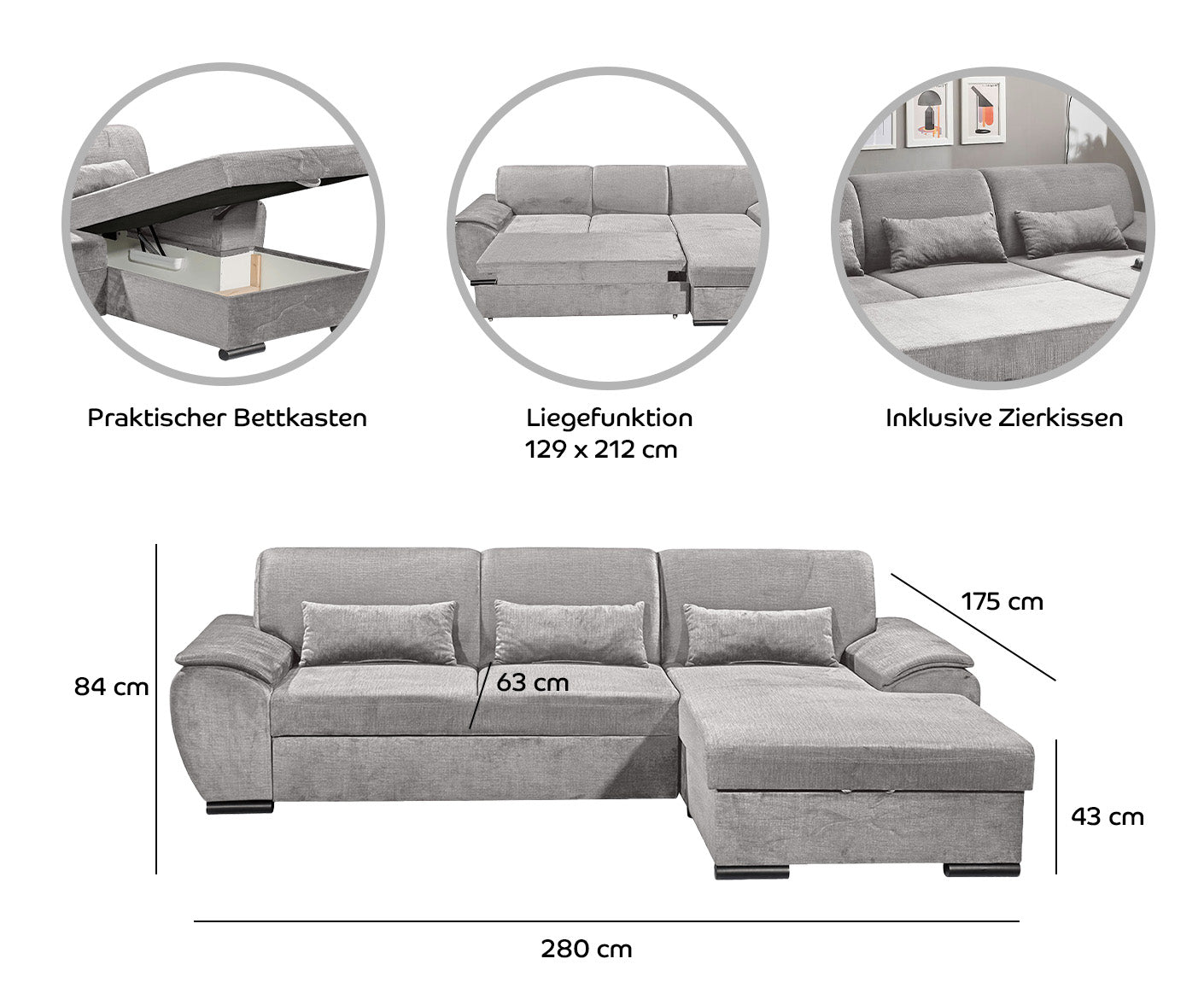 Tampa Ecksofa 280 x 175 cm, mit Schlaffunktion und Bettkasten