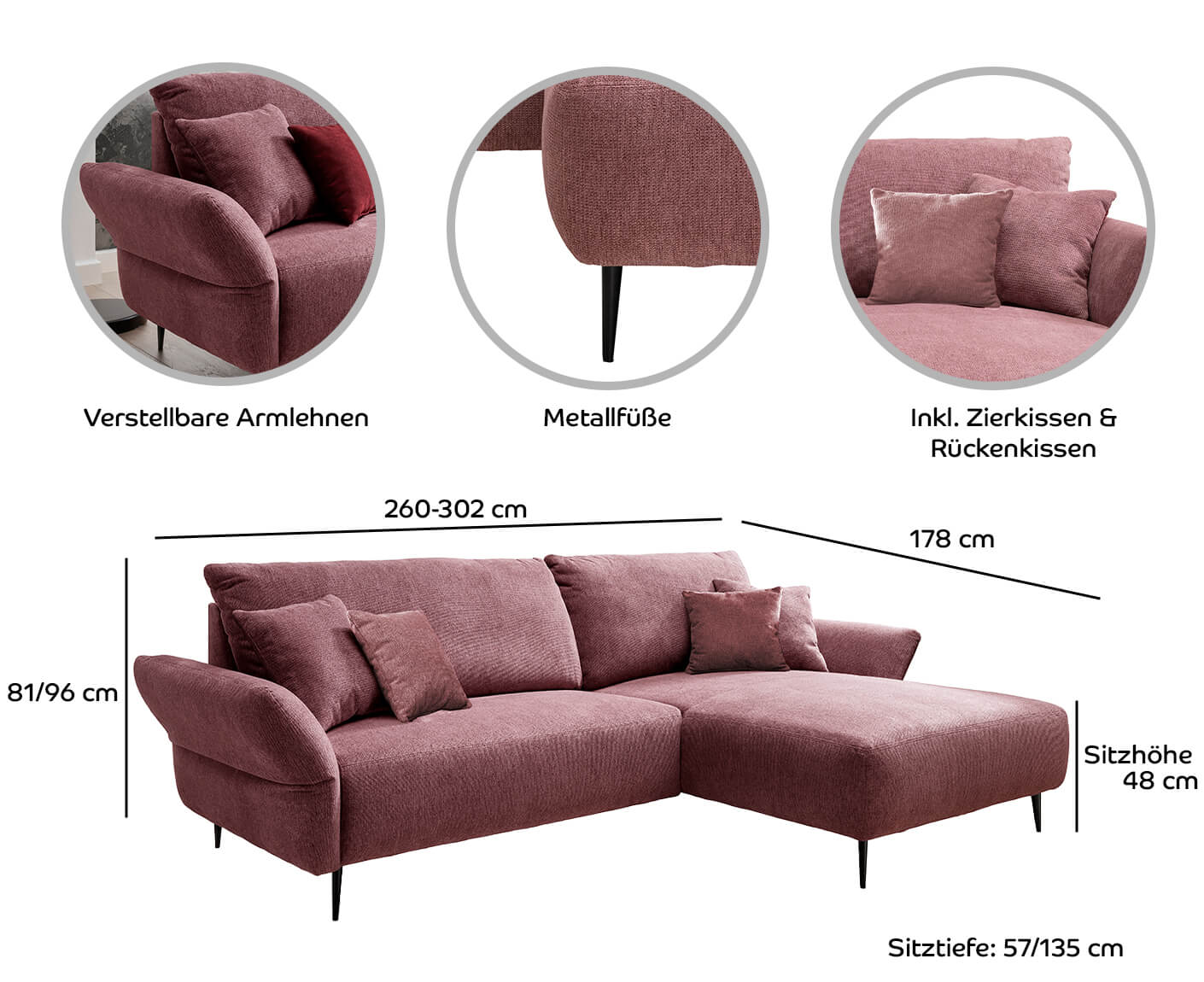 Viterbo Ecksofa 260 - 302 x 178 cm, beidseitig montierbar, Cord