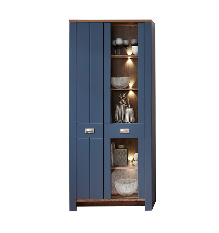 Dijon Vitrinenschrank groß inkl. LED-Beleuchtung Parisian Blue / Haveleiche