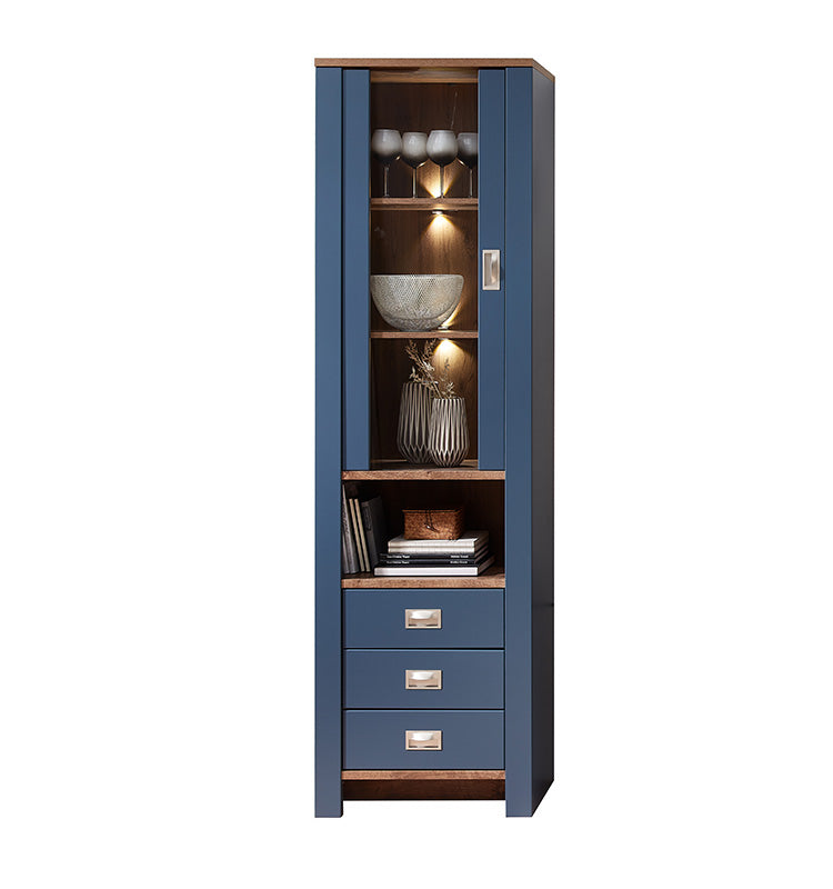 Dijon Vitrinenschrank mit drei Schubladen inkl. LED-Beleuchtung Parisian Blue / Haveleiche